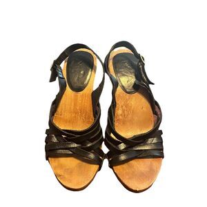 Vintage MIA Wooden Black Leather Strappy Slingback Heel Sandal Women's Size 6